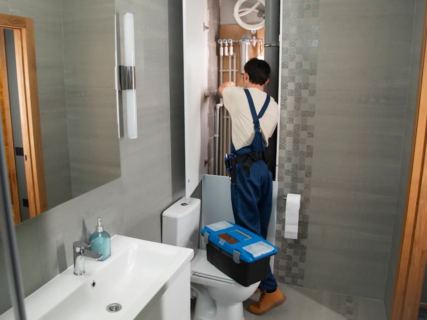 A plumber working on a bathroom repair
