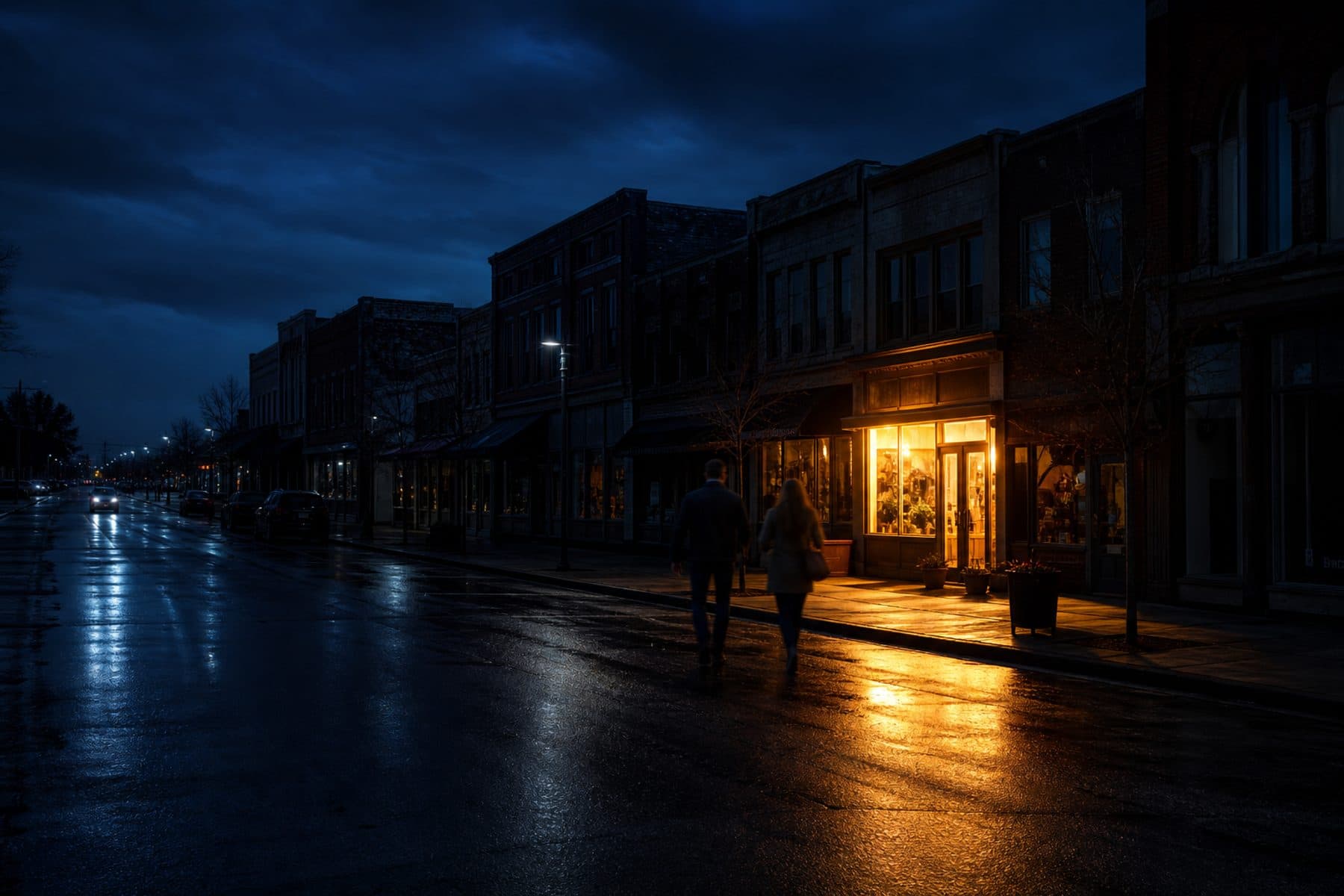 A local storefront glowing after dark